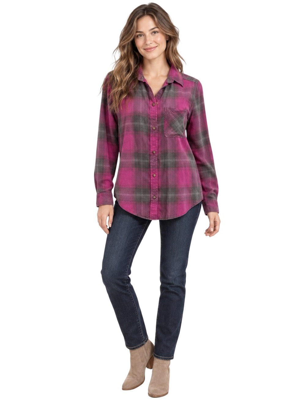 American Eagle Vintage Boyfriend Pink Gray Plaid Flannel Button-Down XS